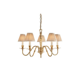 Asquith 5 Light Multi Arm Ceiling Pendant Chandelier Solid Brass Beige organza effect fabric E14