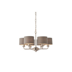 Highclere Pendant Light Bright Nickel Plate Charcoal Fabric Multi Arm Shade
