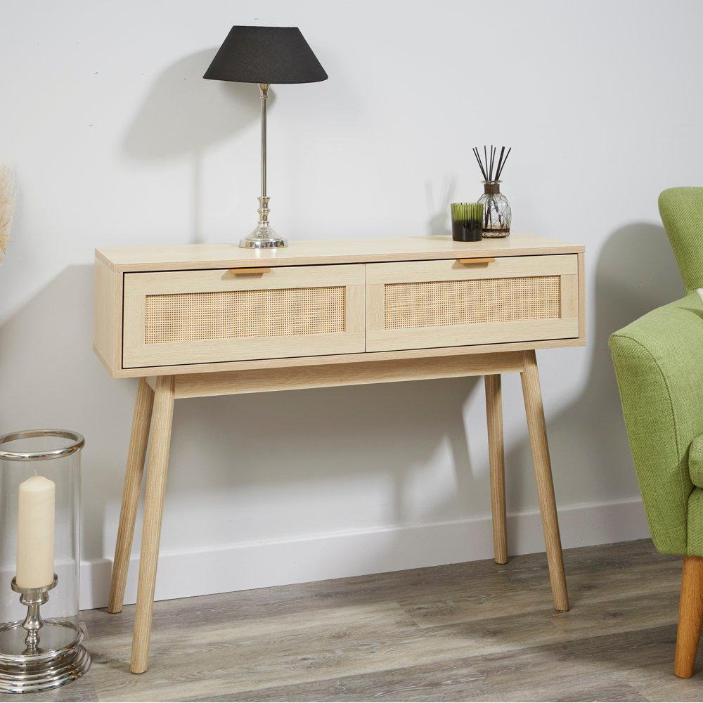 Light Rattan 2 Drawer Living Hallway Console Table with Pine Legs - image 1