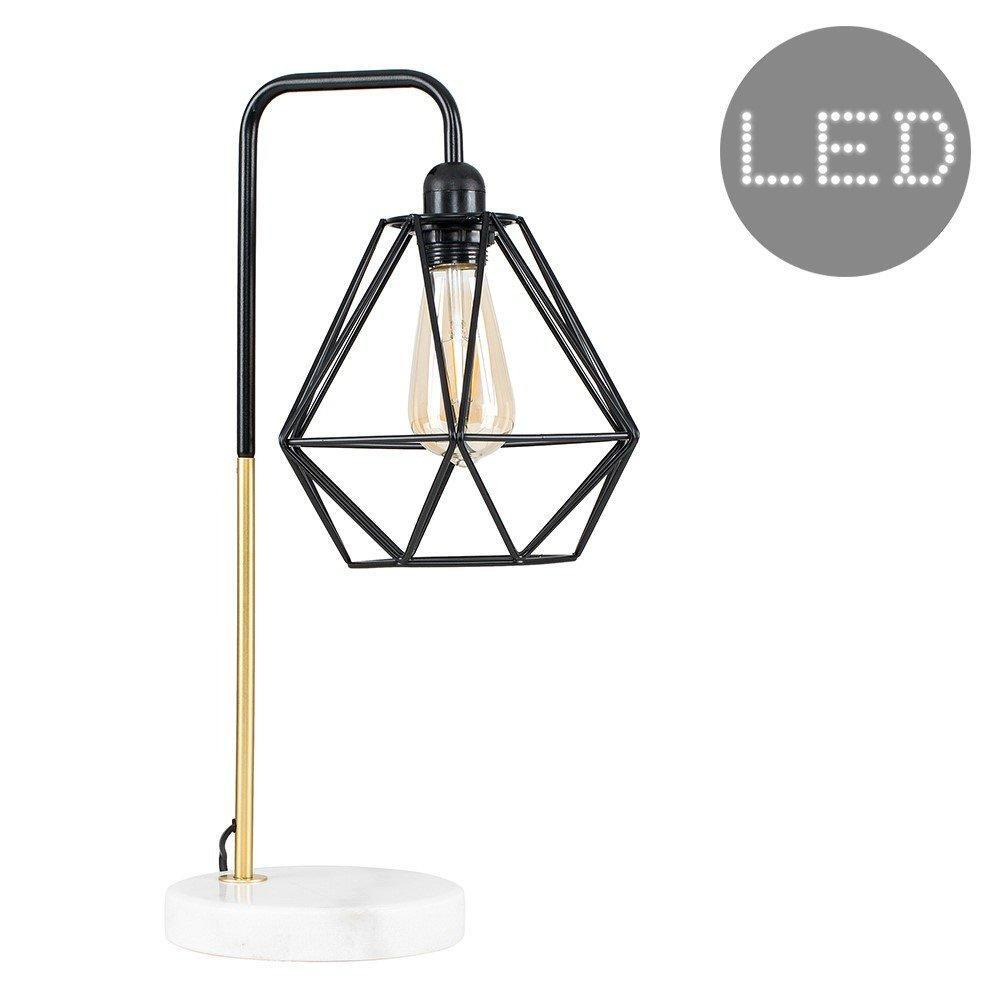 Talisman Gold And Marble Base Table Lamp With Black Wire Shade And Pear Amber Bulb