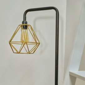 Talisman Black And Gold Floor Lamp With Gold Wire Shade And E27 Filament Amber Bulb - thumbnail 3