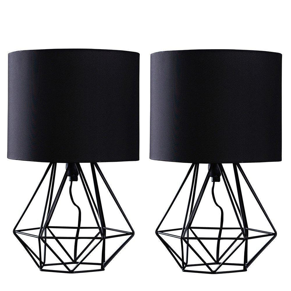 Pair Of Modern Black Metal Basket Cage Table Lamps With Black Fabric Shades - image 1