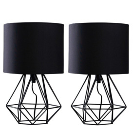 Pair Of Modern Black Metal Basket Cage Table Lamps With Black Fabric Shades