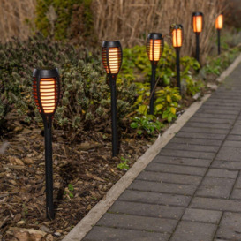 Pack of 6 - Solar Powered Outdoor Black Spike Lights with Flame Effect