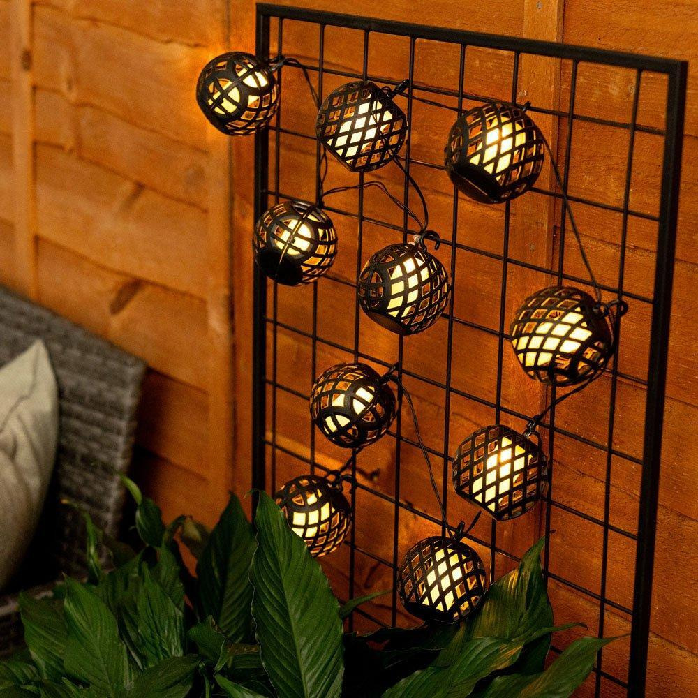 Set of 10 Outdoor Black Lantern Solar String Lights With Flame Effect - image 1
