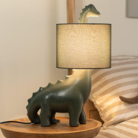 Kids Green Dinosaur Bedside Table Lamp with Drum Fabric Shade