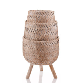 Set of 3 Woven Bamboo Indoor Footed Planters - thumbnail 2