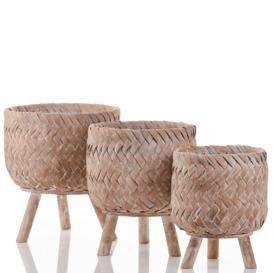 Set of 3 Woven Bamboo Indoor Footed Planters - thumbnail 1