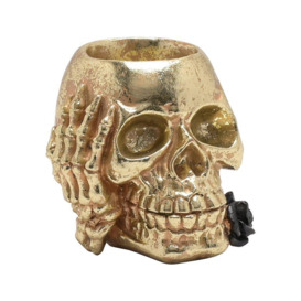 Hocus Pocus Halloween Gold Skull with Black Rose Tealight Holder