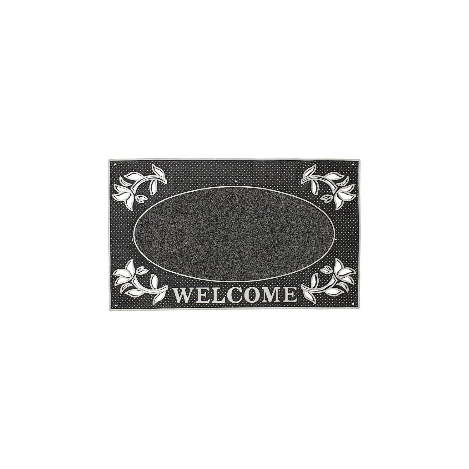 Metallic Look Welcome Floral PVC Scraper Doormat 45x75cm Silver - image 1