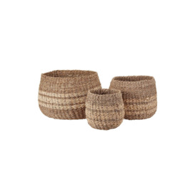 Sigri Set of 3 Two Tone Seagrass & Palm Leaf Woven Round Baskets - thumbnail 1