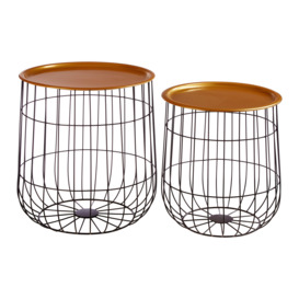 Interiors by Premier Set of 2 Black Round Basket Side Tables, Wirefame Side Tables with Gold Tops, Endtables for living room - thumbnail 1