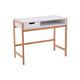 White 1 Drawer Desk, Durable Computer Desk with Natural Wood Legs, Study Table Bedside Desk for Home