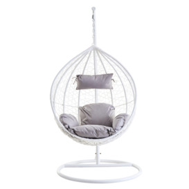 White Hanging Chair, Plush Comfort Lounge Chair, Stable Lawn Chair, Modern Chair with grey cushions