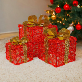 Set of 3 LED Light Up Battery Operated Christmas Boxes  With Timer- Red - thumbnail 3