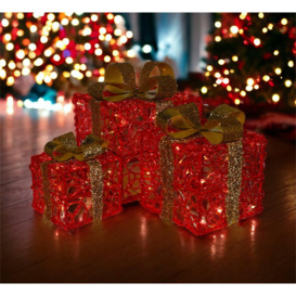 Set of 3 LED Light Up Battery Operated Christmas Boxes  With Timer- Red - thumbnail 2