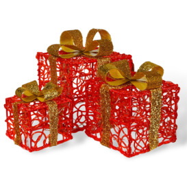 Set of 3 LED Light Up Battery Operated Christmas Boxes  With Timer- Red