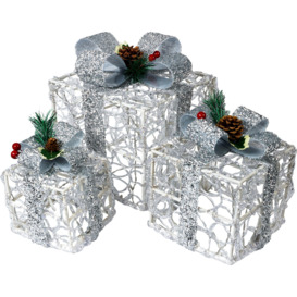 Set of 3 LED Light Up Battery Operated Christmas Boxes  With Timer- Silver