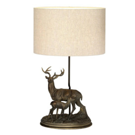 Amelia 1 Light Table Lamp With Oval Shade Bronze Patina Stag and Fawn Stauette - thumbnail 1