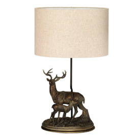 Amelia 1 Light Table Lamp With Oval Shade Bronze Patina Stag and Fawn Stauette - thumbnail 2