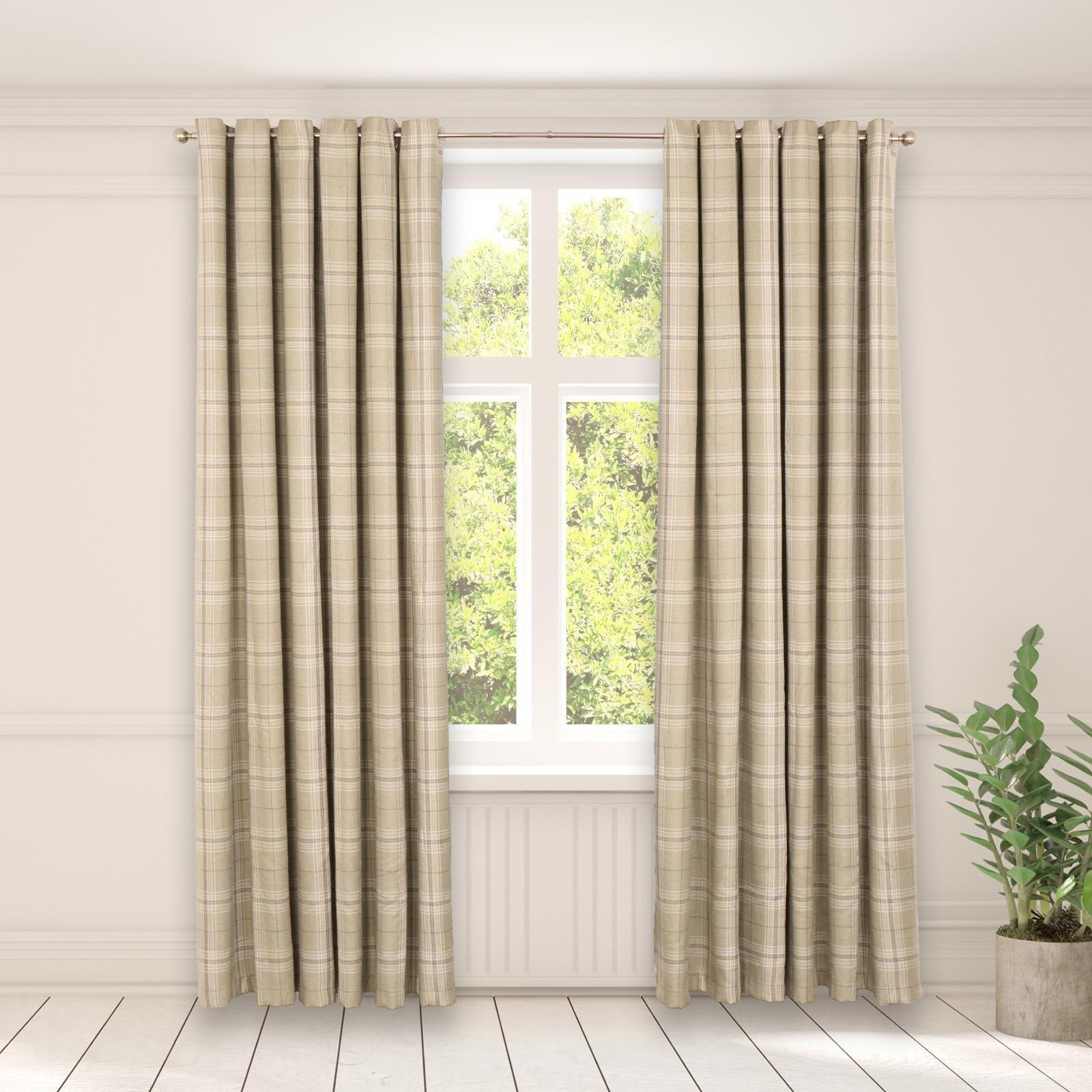 Pair Of Woven Check Eyelet Curtains Blackout Textured - image 1