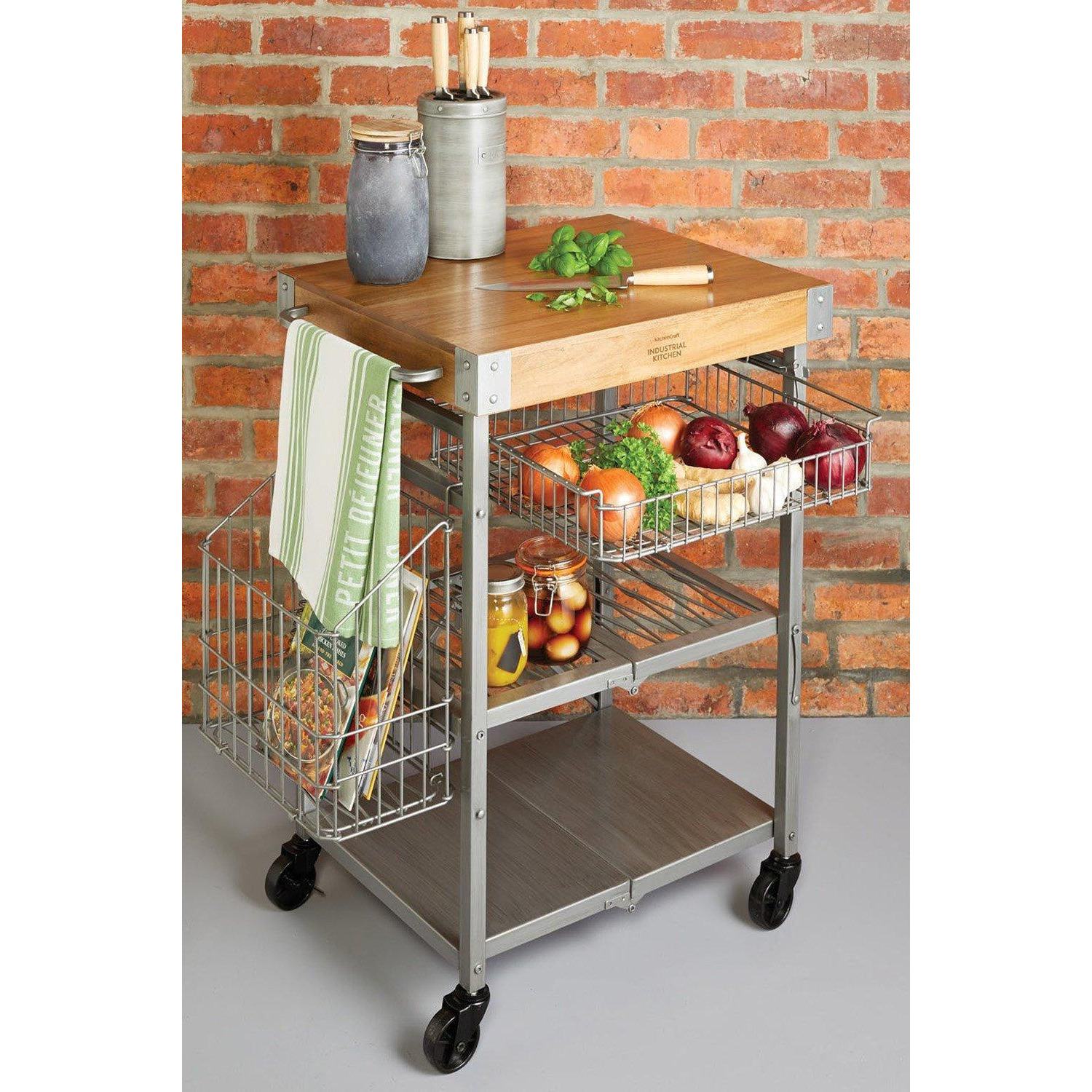 Folding Kitchen Trolley with Mango Wood Butcher Block