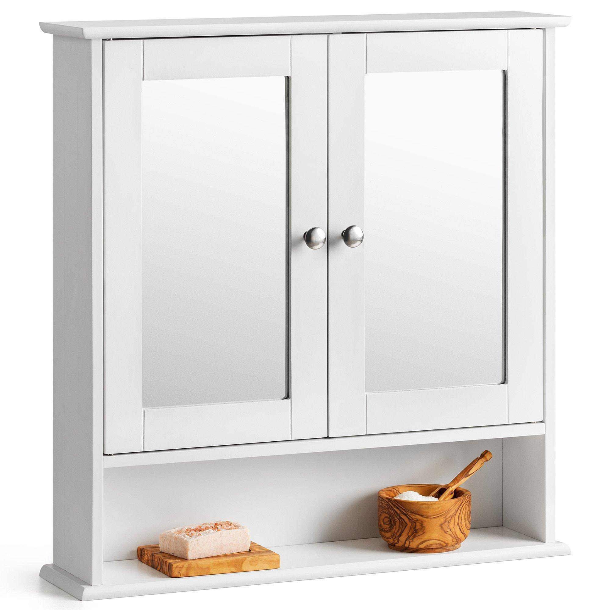 Bathroom Mirrored Cabinet White Grey Wooden Double Wall Mounted Storage Unit - image 1