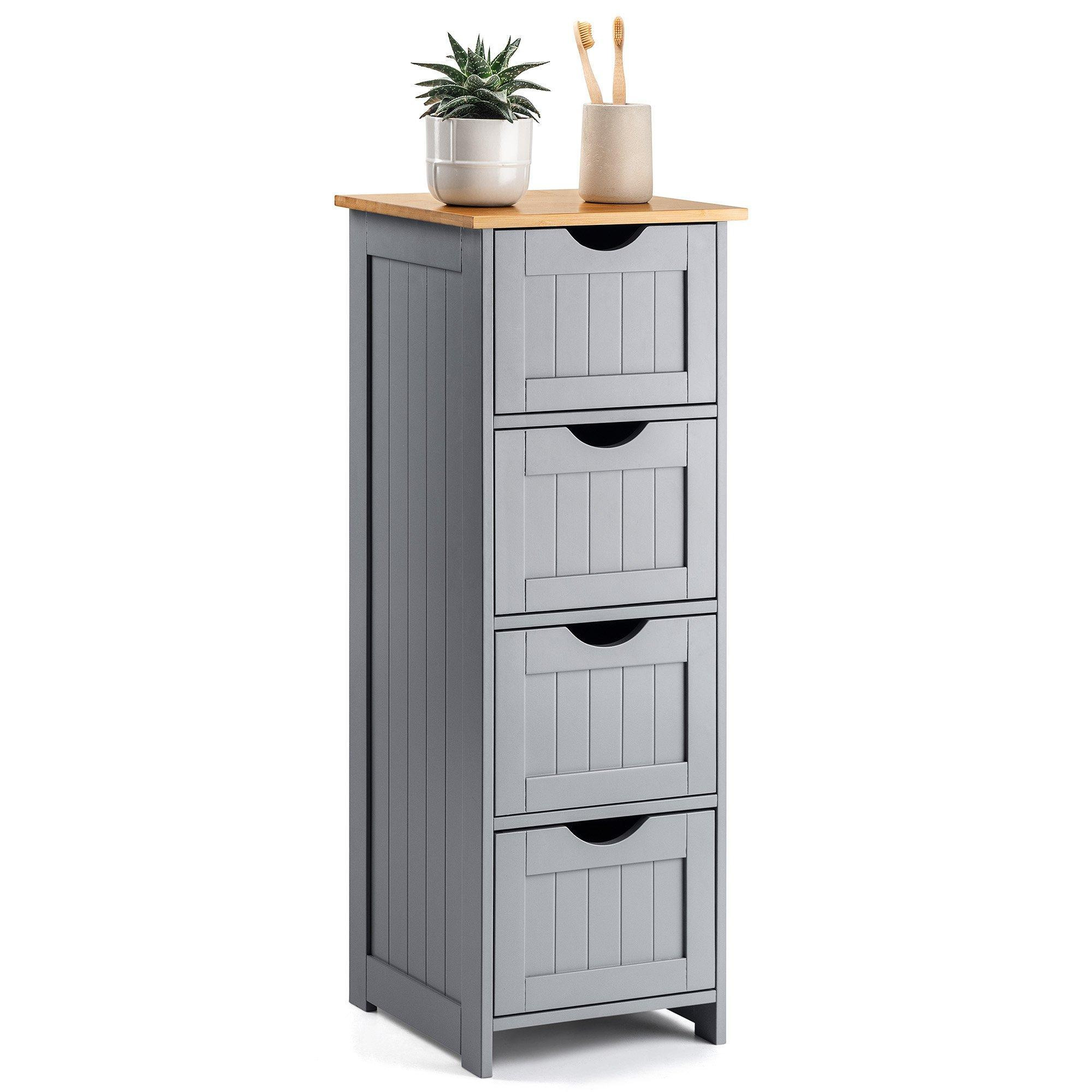 Christow Grey Bathroom Drawer Unit Floor Storage Cabinet With Bamboo Top 82cm - image 1