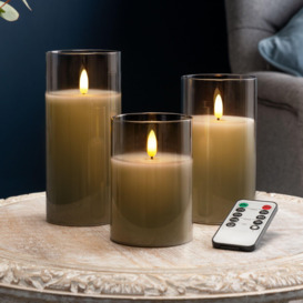 Flameless LED Candles With Remote Grey Or Clear Glass Set Of 3 Christow
