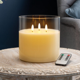 Flameless LED Candle Remote Control 3 Wick Real Wax Smoked Glass Jar 15cm x 15cm
