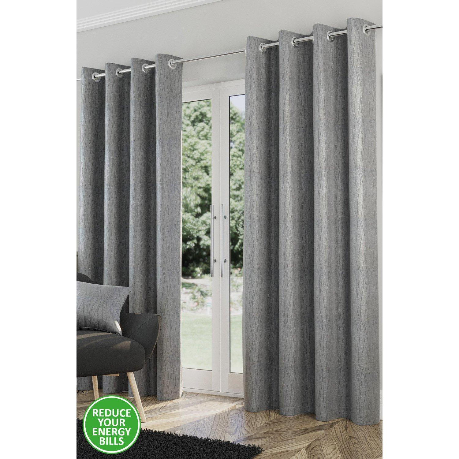 Goodwood - Thermal, Energy Saving, Dimout Eyelet Pair of Curtains with Wave Pattern - image 1