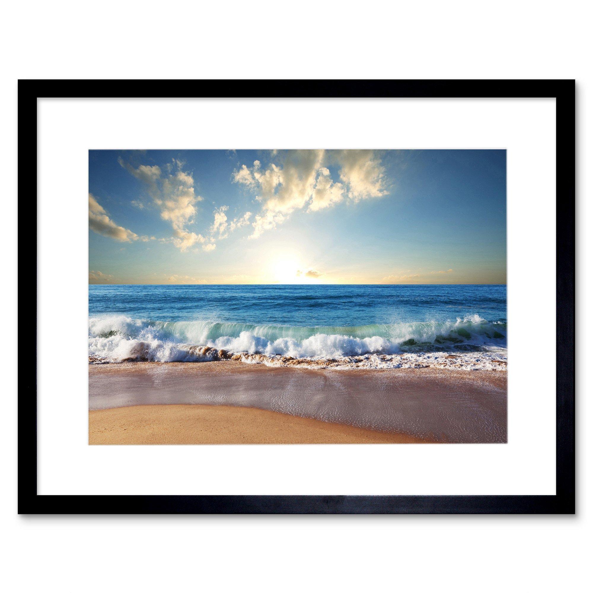 Waves Crushing at Sandy Beach Shore Ocean Sea Summer Sunny Coastal Landscape Photograph Print Framed Wall Art Print Picture 12X16 inch - image 1