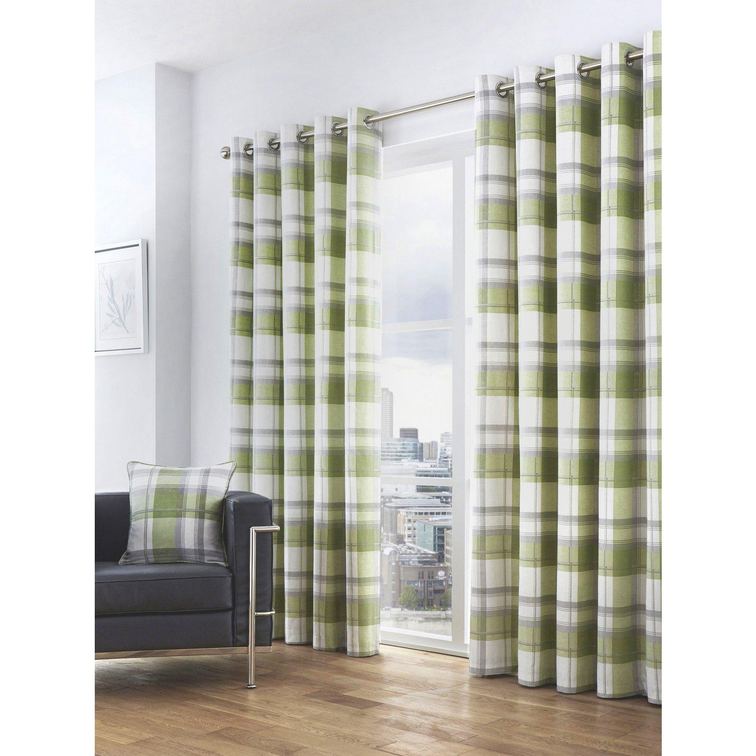'Balmoral Check' Country Checked Pattern Pair of Eyelet Curtains - image 1