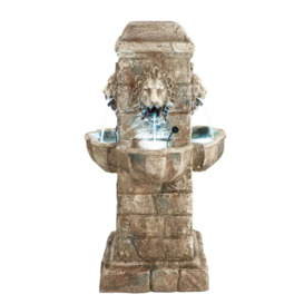 Majestic Lion Water Feature Pillar with 4 Spouts Lights Outdoor 100cm