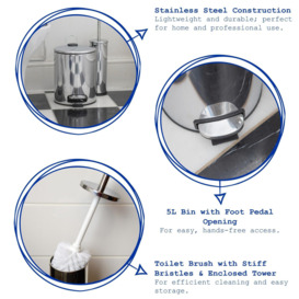 2pc Round Stainless Steel Pedal Bin & Toilet Brush Set - 5L - Chrome - thumbnail 2