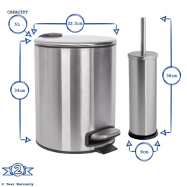 2pc Round Stainless Steel Pedal Bin & Toilet Brush Set - 5L - Chrome - thumbnail 3