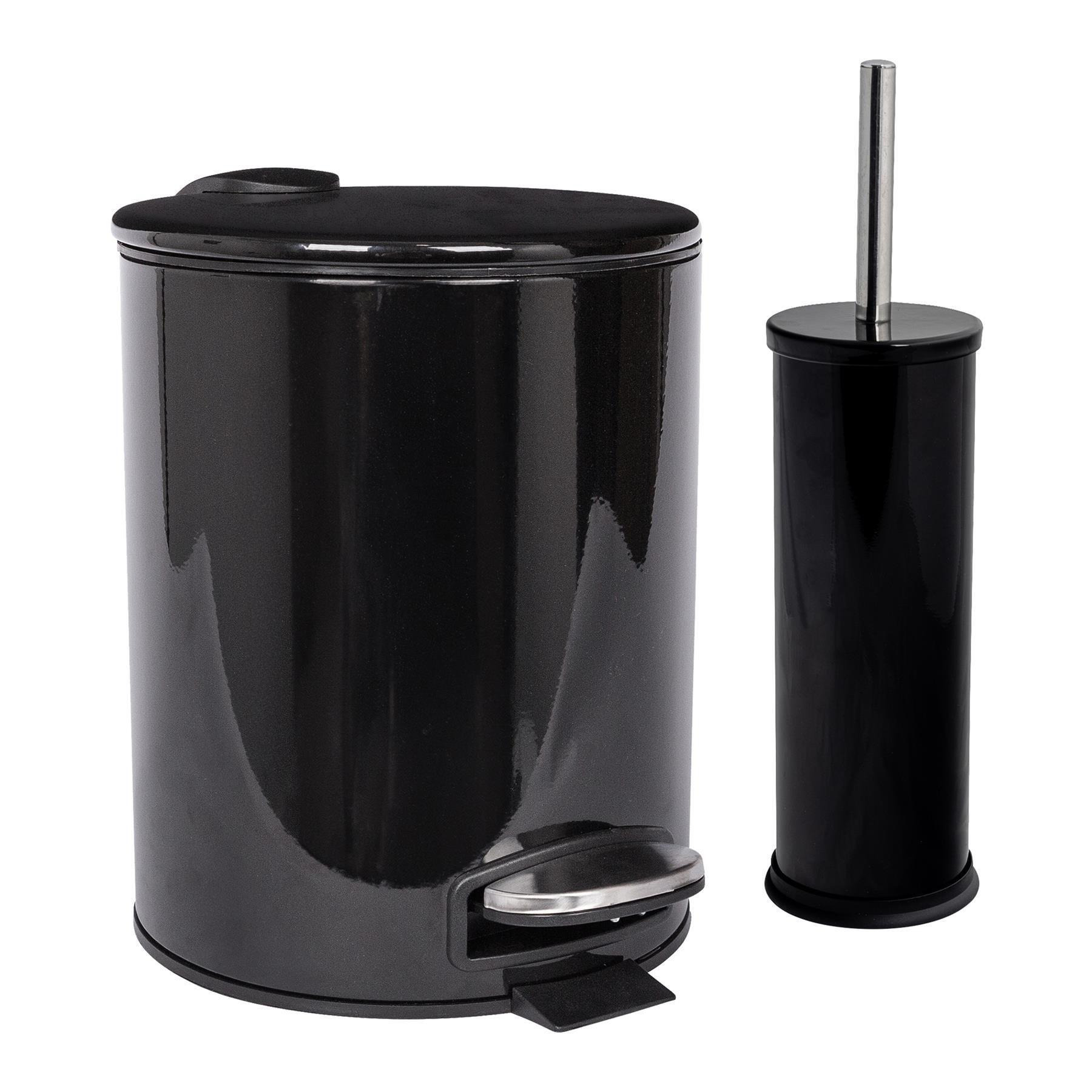 2pc Round Stainless Steel Pedal Bin & Toilet Brush Set - 5L - Black - image 1