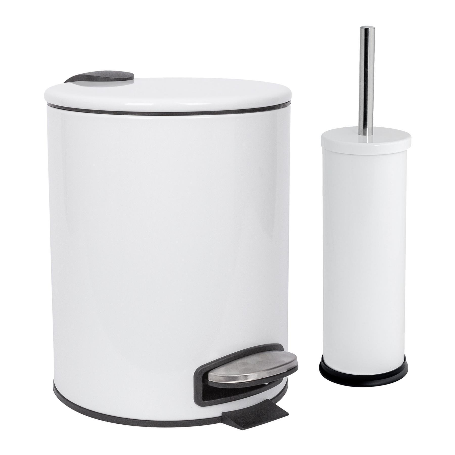 2pc Round Stainless Steel Pedal Bin & Toilet Brush Set - 5L - White - image 1