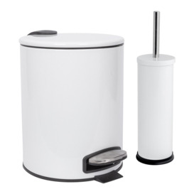 2pc Round Stainless Steel Pedal Bin & Toilet Brush Set - 5L - White - thumbnail 1
