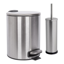 2pc Round Stainless Steel Pedal Bin & Toilet Brush Set - 5L - Brushed