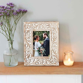 Iksu Antique White Floral Mango Wood Photo Frame