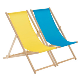 Folding Wooden Deck Chairs Yellow/Light Blue Pack of 2 - thumbnail 1