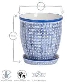Hand Printed Plant Pot with Saucer 22cm Navy - thumbnail 3