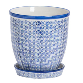 Hand Printed Plant Pot with Saucer 22cm Navy