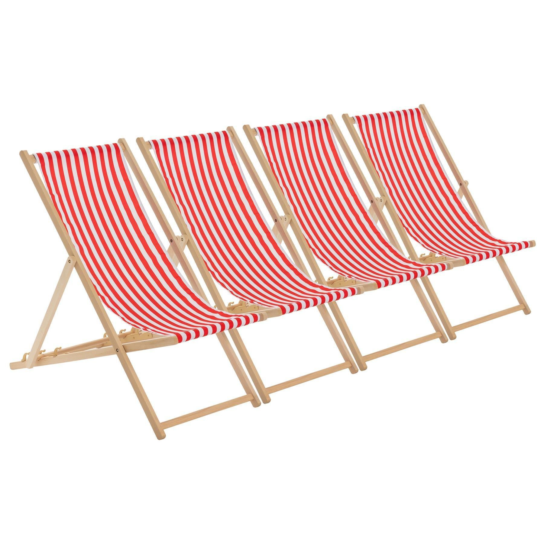 Folding Wooden Deck Chairs Red Stripe Pack of 4 - image 1