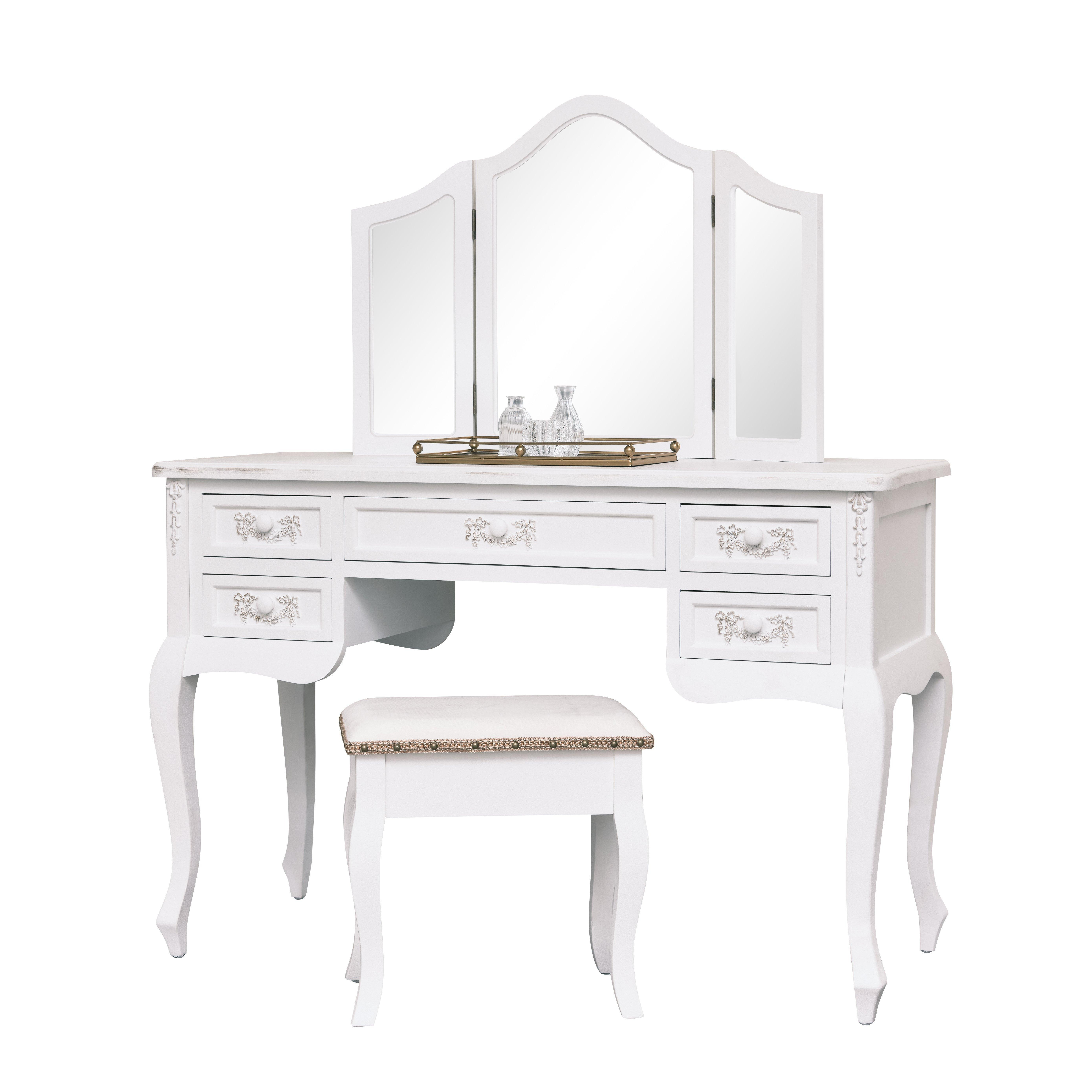 Antique White Dressing Table Desk With Triple Mirror And Stool - Pays Blanc Range - image 1