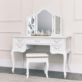 Antique White Dressing Table Desk With Triple Mirror And Stool - Pays Blanc Range - thumbnail 3