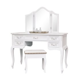 Antique White Dressing Table Desk With Triple Mirror And Stool - Pays Blanc Range - thumbnail 1