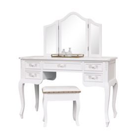 Antique White Dressing Table Desk With Triple Mirror And Stool - Pays Blanc Range