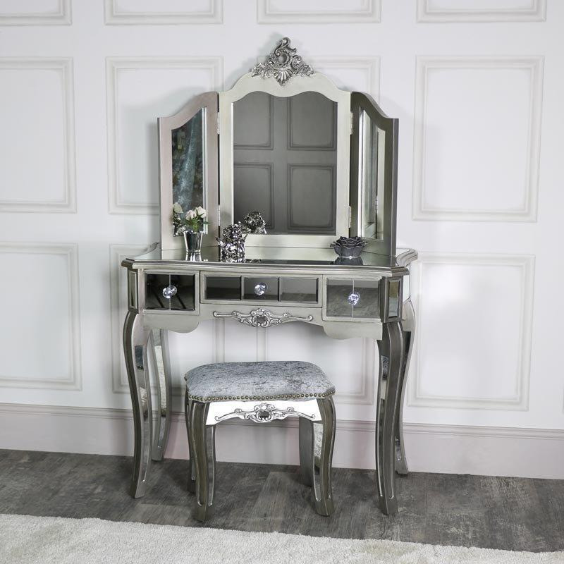 Ornate Mirrored 3 Drawer Dressing Table, Stool And Mirror Bedroom Furniture Set - Tiffany Range - image 1